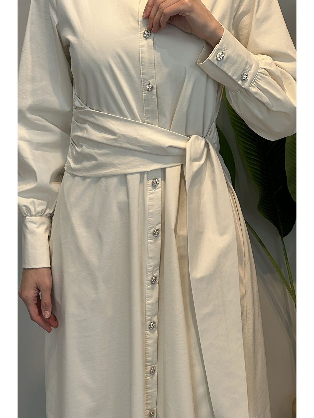 Bağlama Detay Poplin Elbise 13254 Bej-2