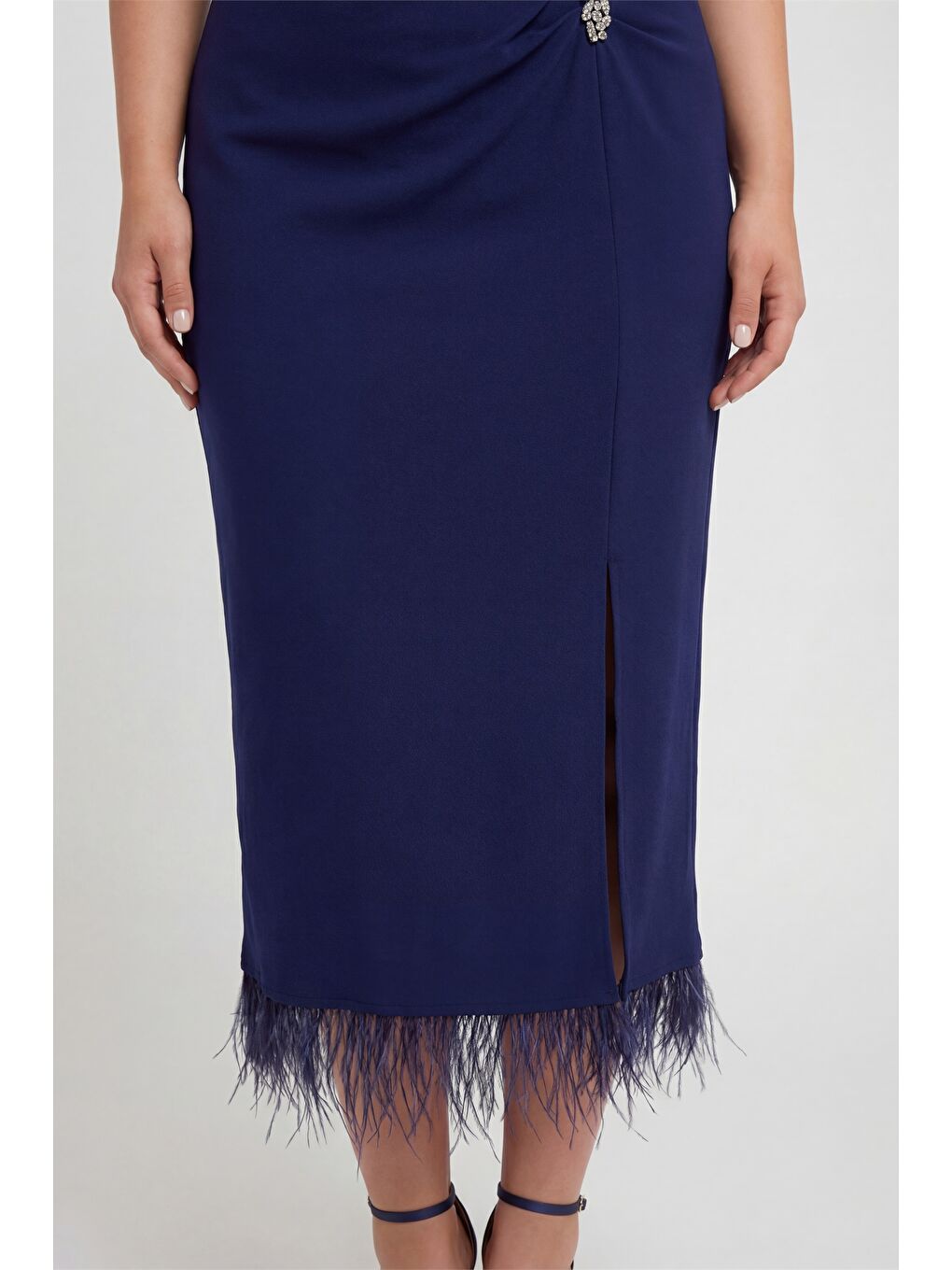 Kadın Lacivert Büyük Beden Otrişli Örme Midi Abiye Elbise-4