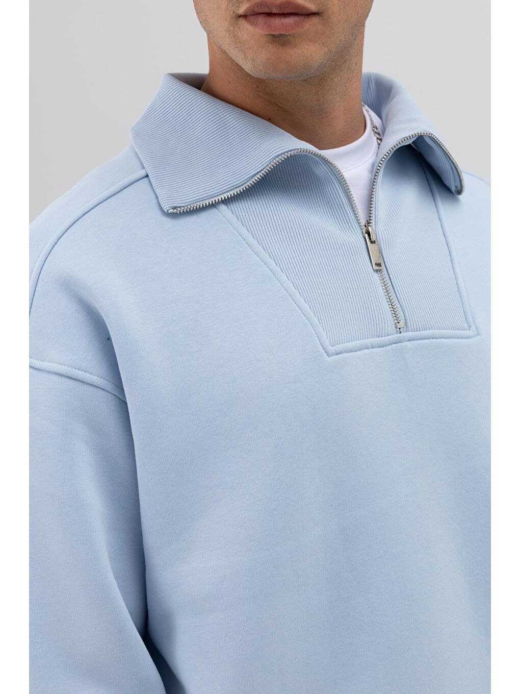 Basic Fermuarlı Dik Yaka Sweatshirt Bebe Mavi-2