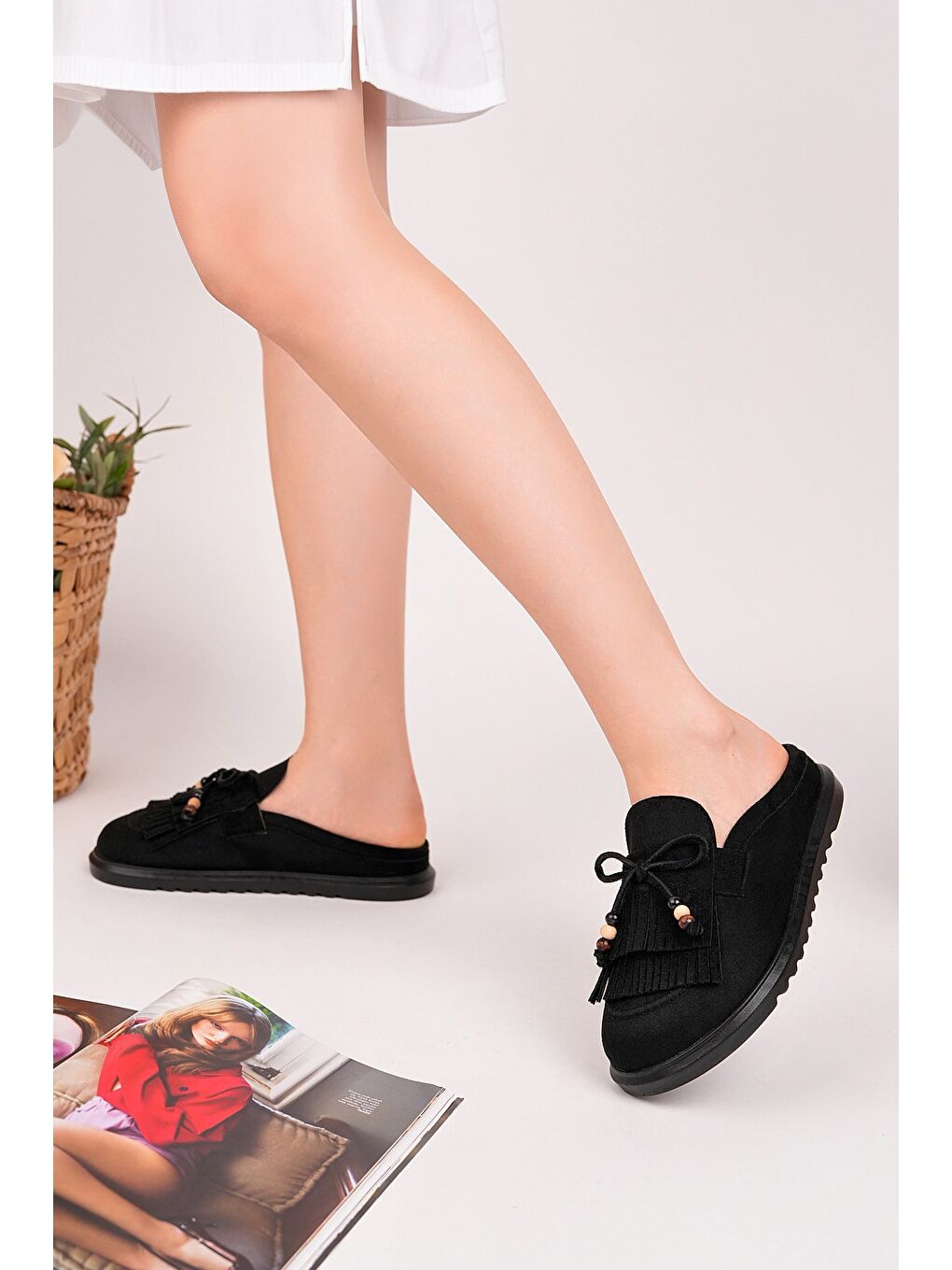 Siyah FRİNGE Süet Deri Fiyonk Detaylı Günlük Rahat Önü Kapalı Kadın Püsküllü Loafer Terlik-4