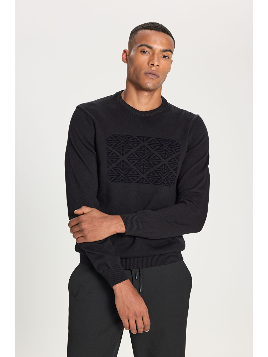 Erkek Siyah %100 Pamuk Standart Fit Bisiklet Yaka Baskılı Triko Kazak-2