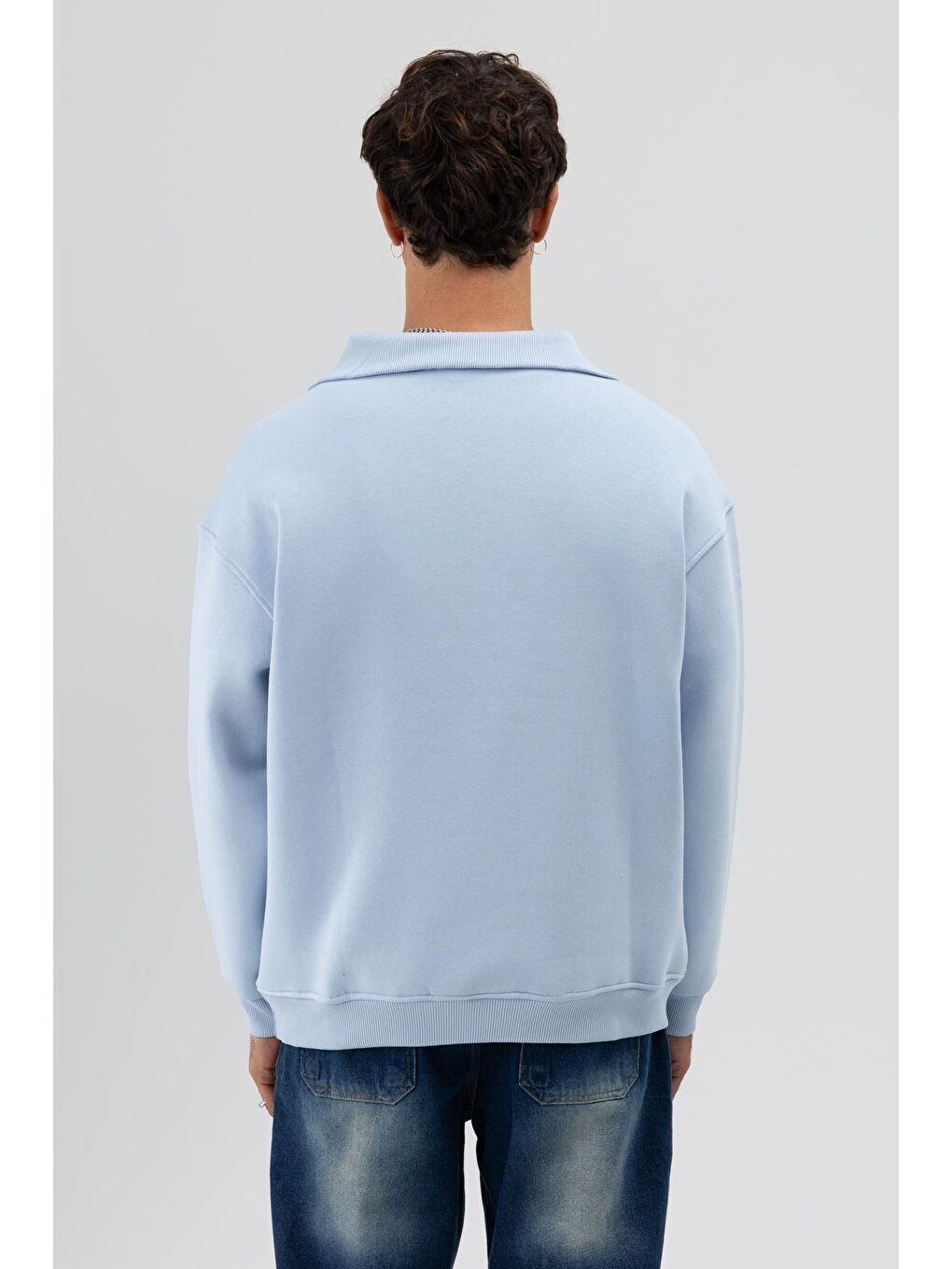 Basic Fermuarlı Dik Yaka Sweatshirt Bebe Mavi-3