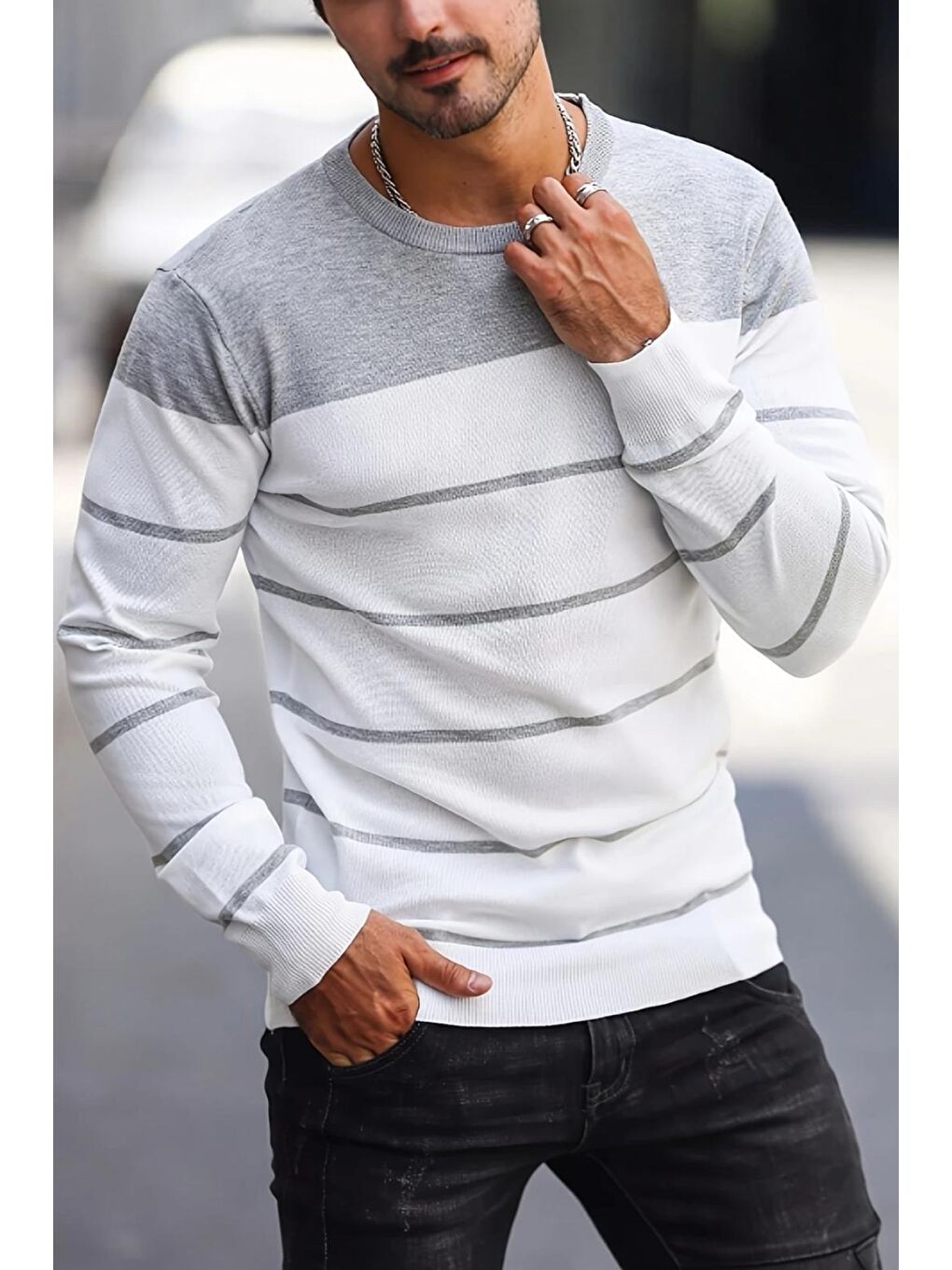 Gri Santi Slim Fit Çizgili Bisiklet Yaka Erkek Triko Kazak-2