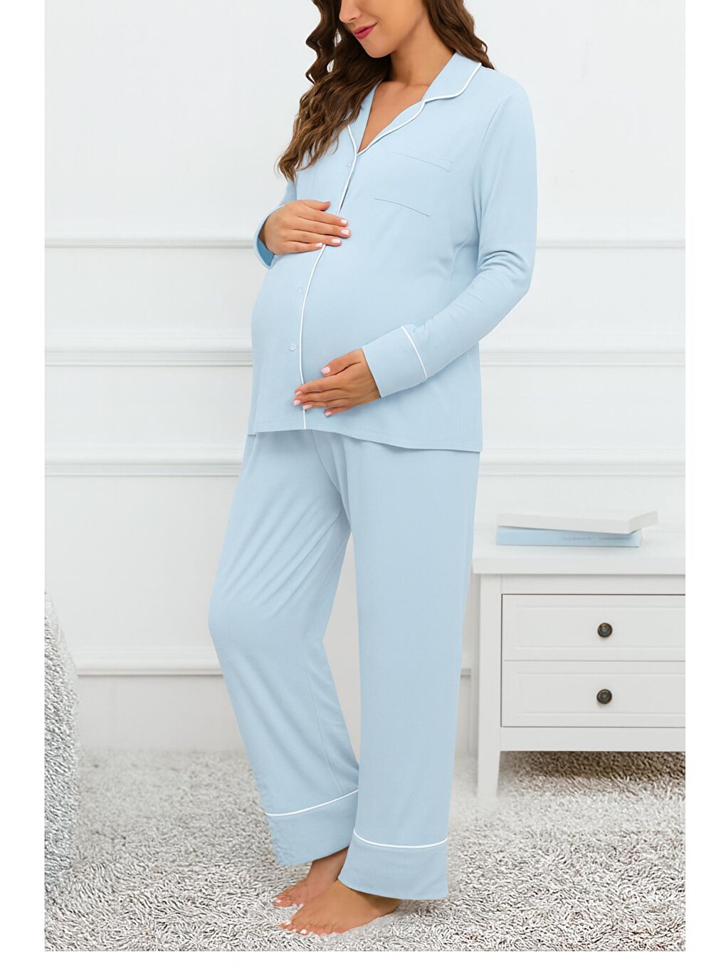 Bebek Mavi Gömlek Yaka Önden Düğmeli Uzun Kol Rahat Form Hamile ve Lohusa Pijama Takımı-3