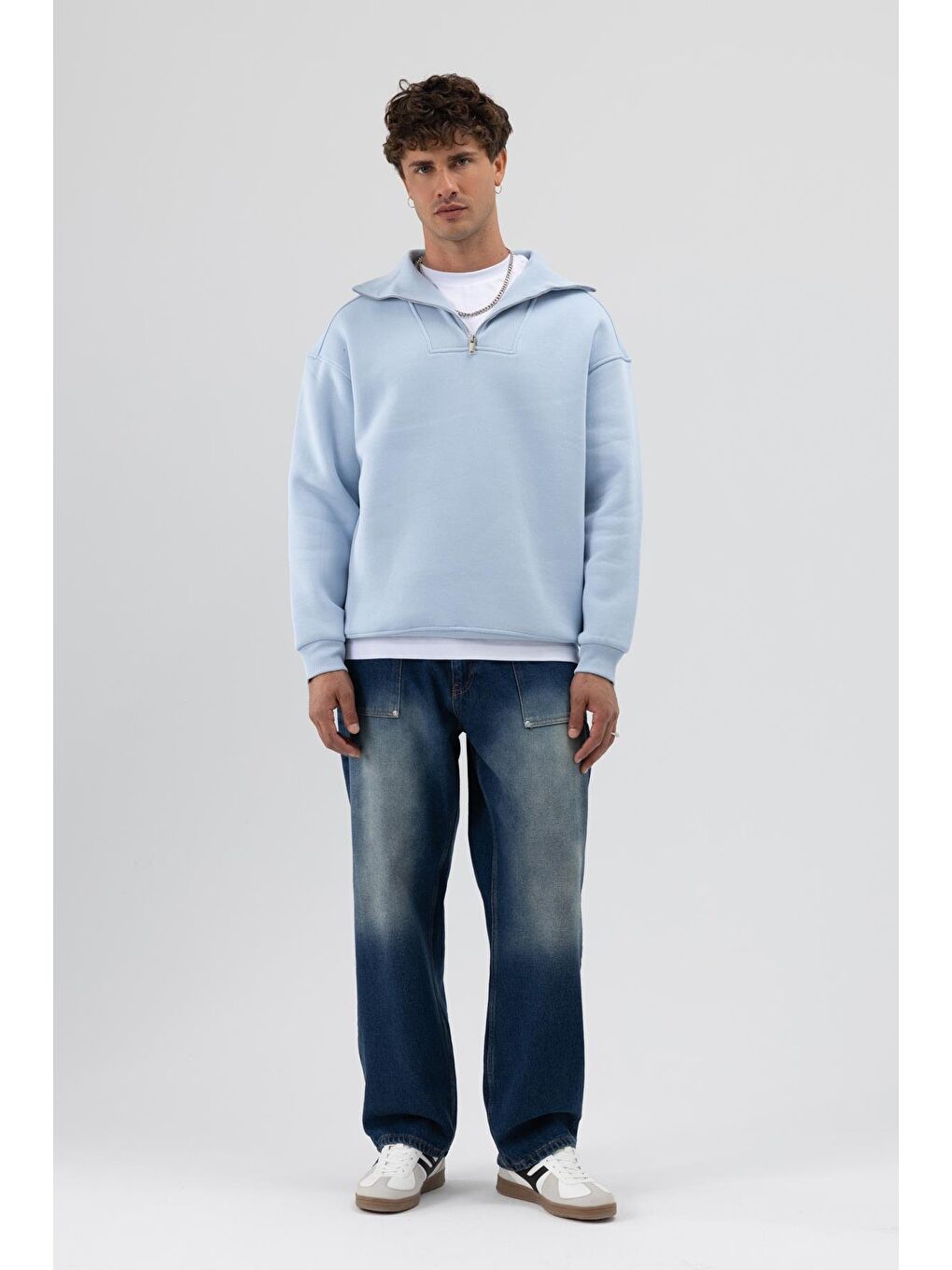 Basic Fermuarlı Dik Yaka Sweatshirt Bebe Mavi-4