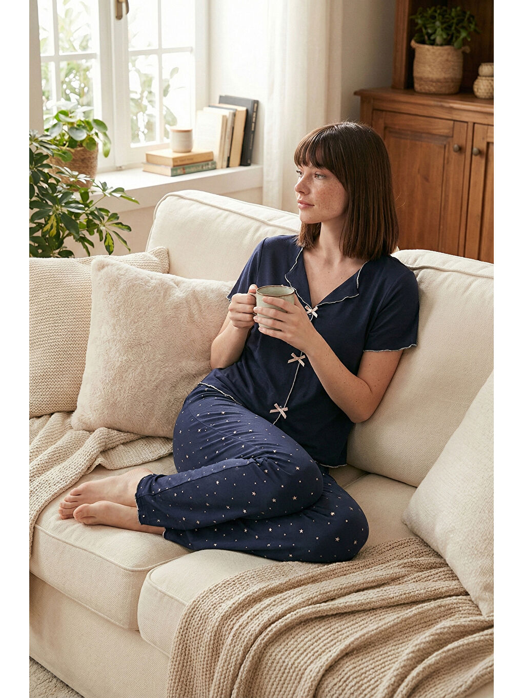 Lacivert Desenli Standart Fit Kurdele Detaylı Kısa Kollu Pijama Takımı 6091435