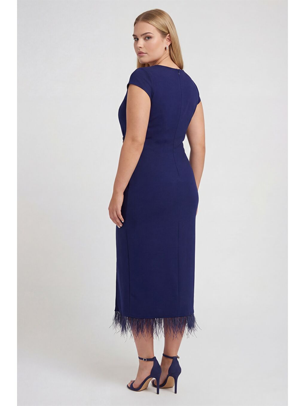 Kadın Lacivert Büyük Beden Otrişli Örme Midi Abiye Elbise-5