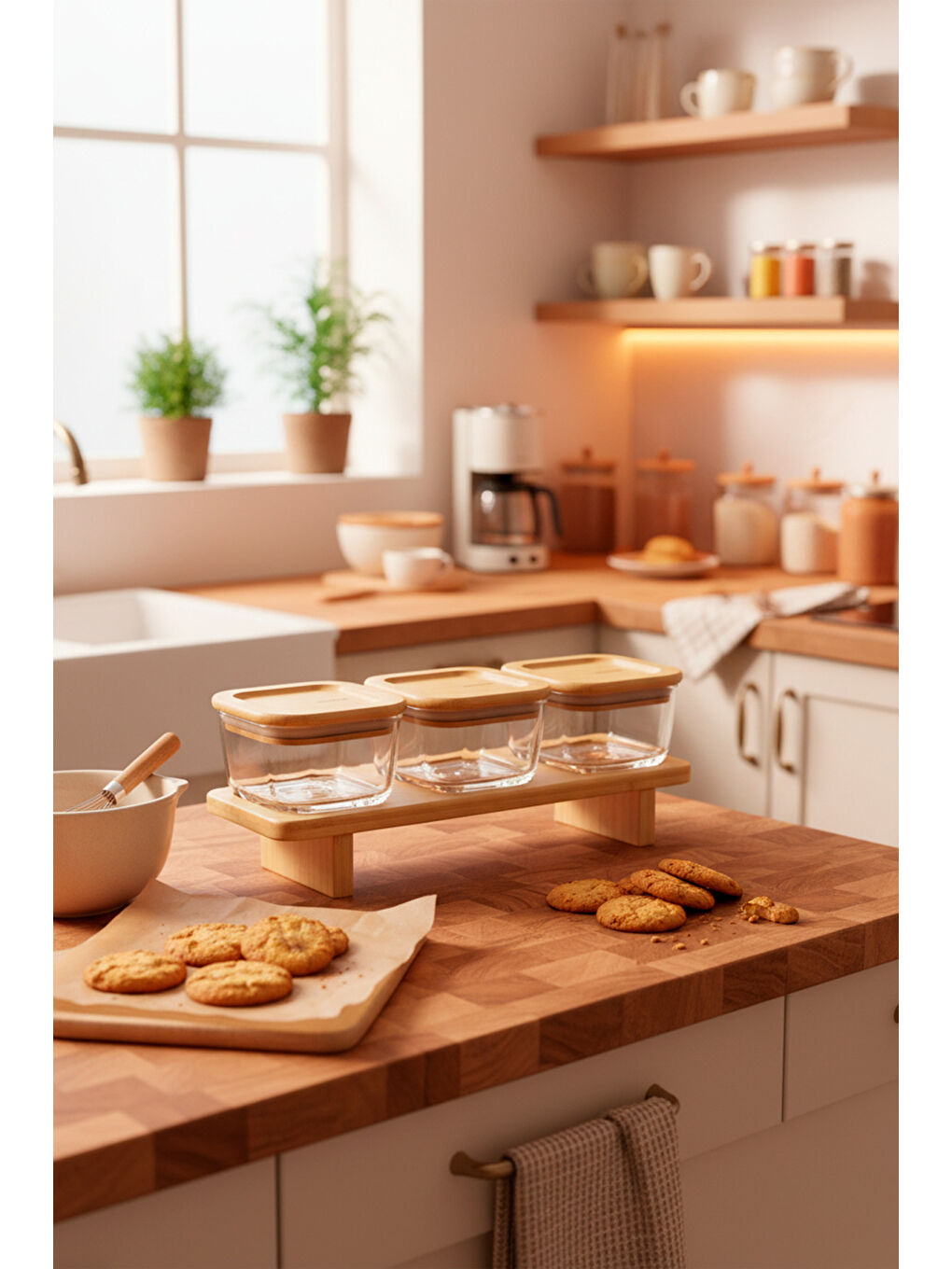 Kahverengi Lunaya 3'lü Bambu Standlı Kahvaltılık Orta-1