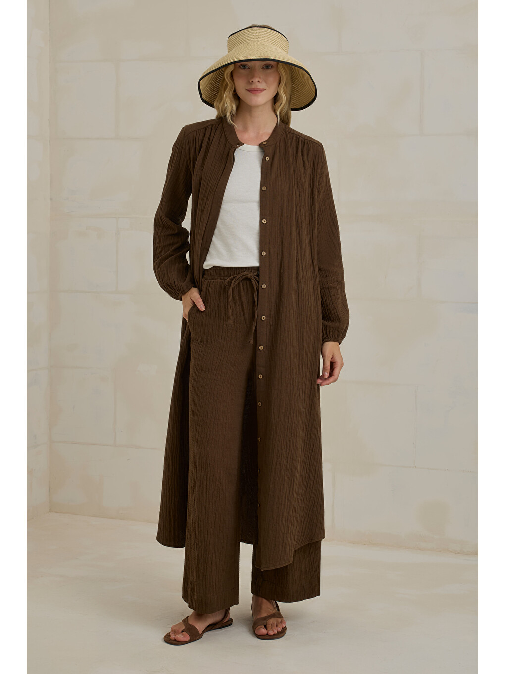 Kahverengi Müslin Bol Paça Pantolon Acı Kahve-1
