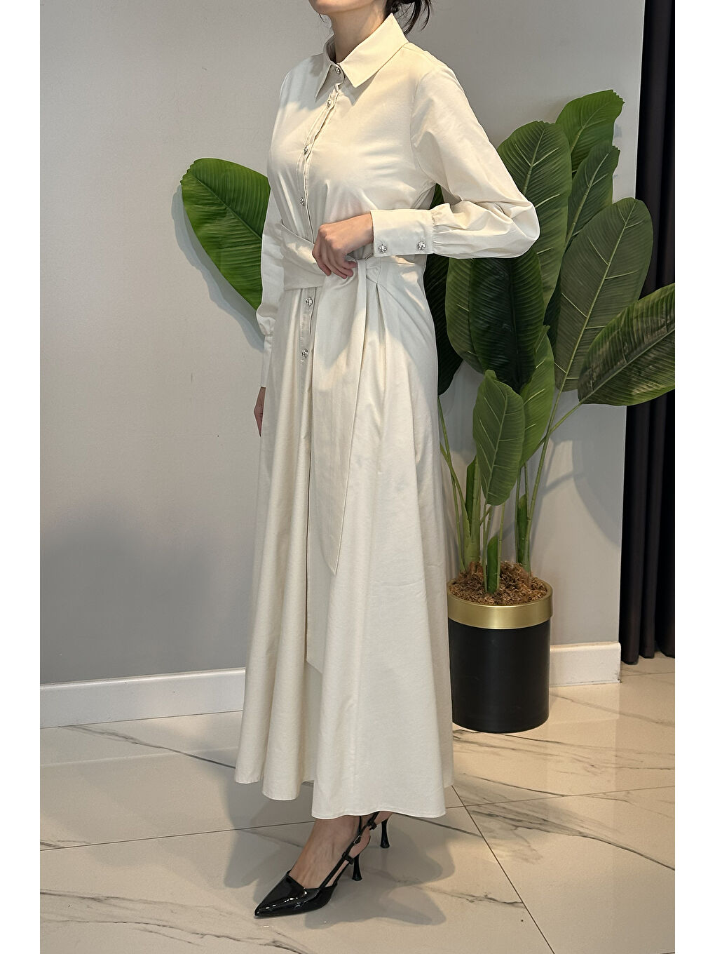 Bağlama Detay Poplin Elbise 13254 Bej-3