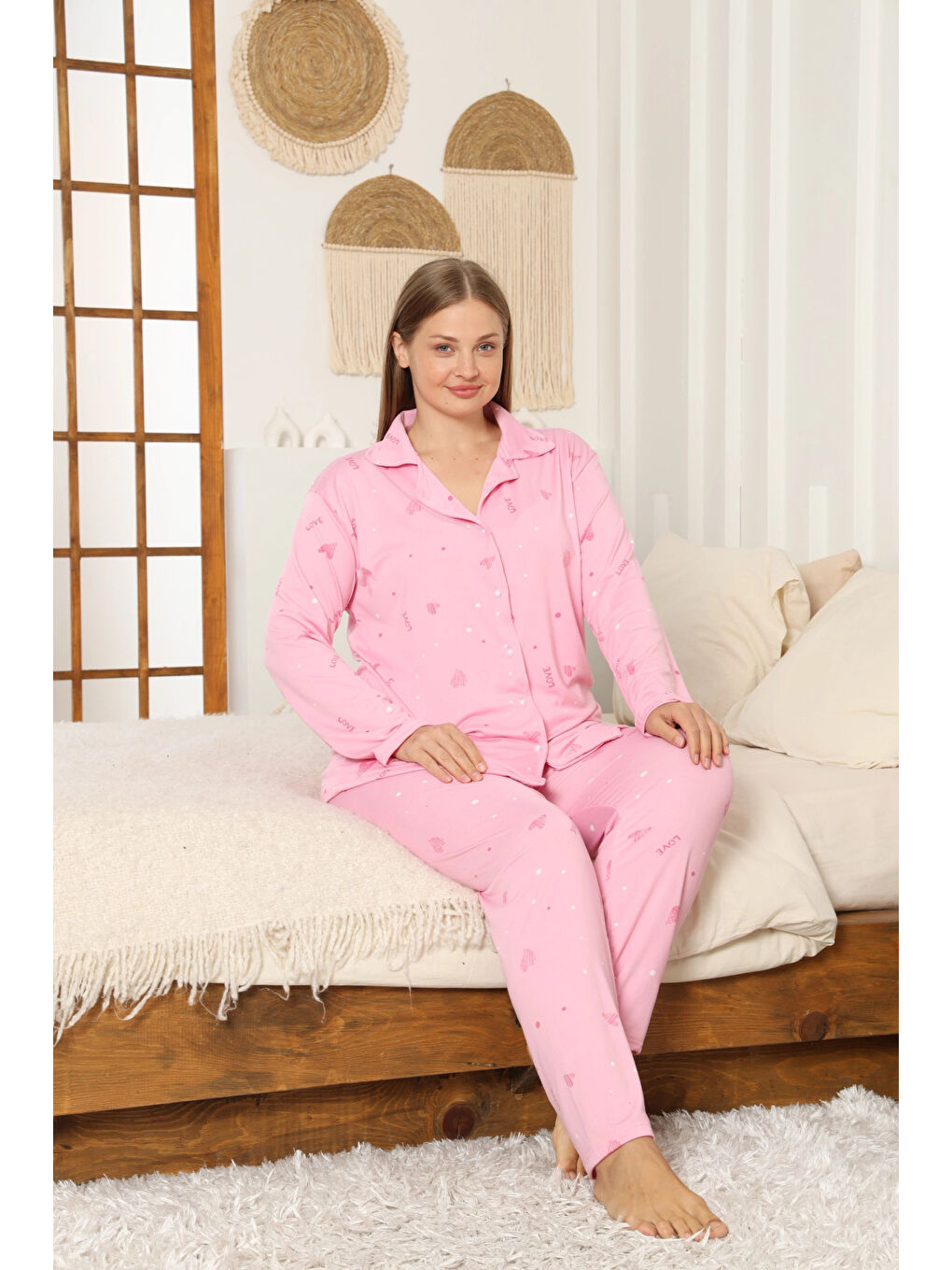 Pembe Desenli Kadın Pijama Takımı 3398-1