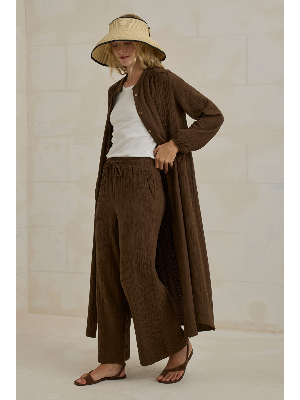 Kahverengi Müslin Bol Paça Pantolon Acı Kahve-2