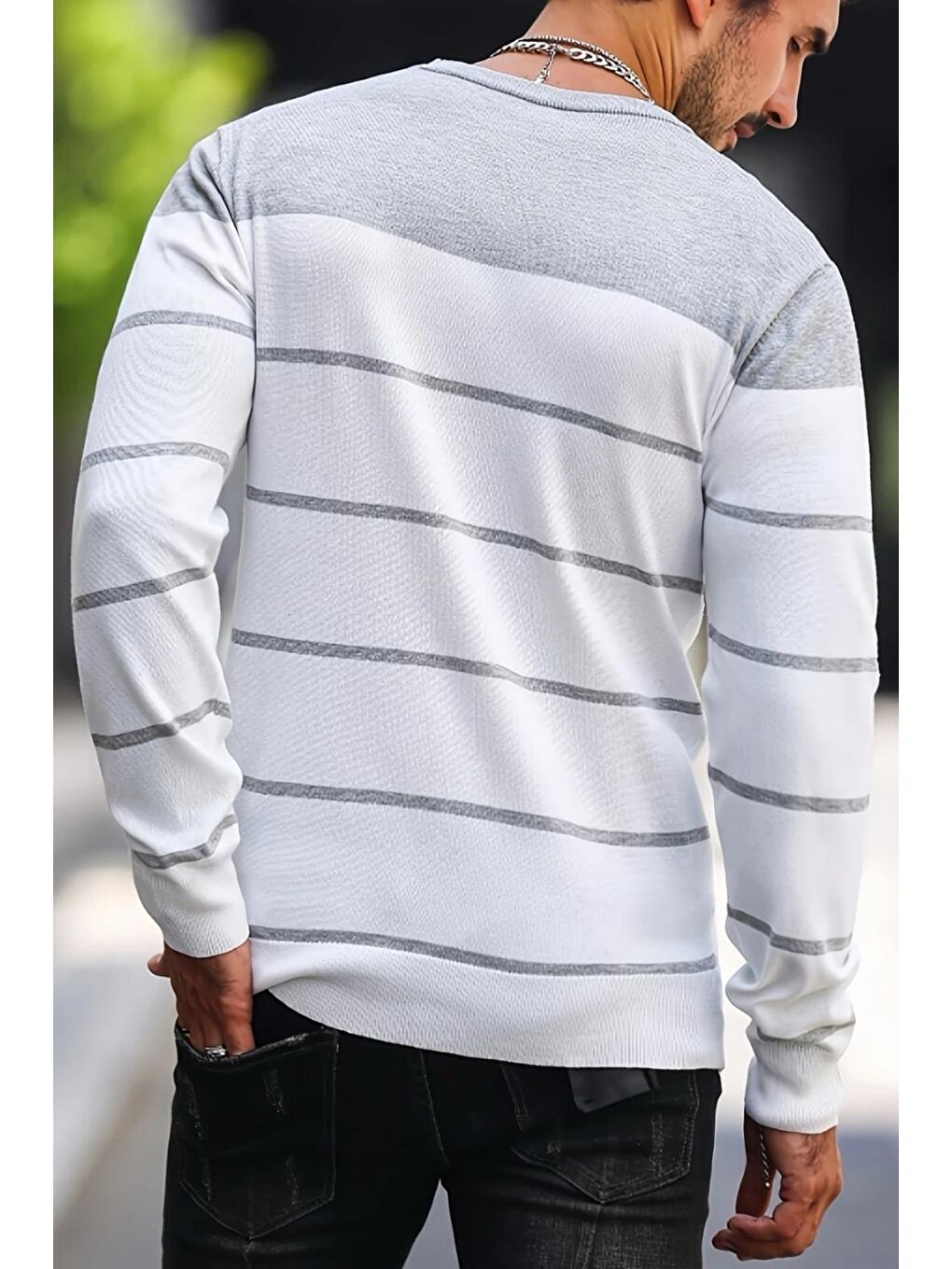 Gri Santi Slim Fit Çizgili Bisiklet Yaka Erkek Triko Kazak-3