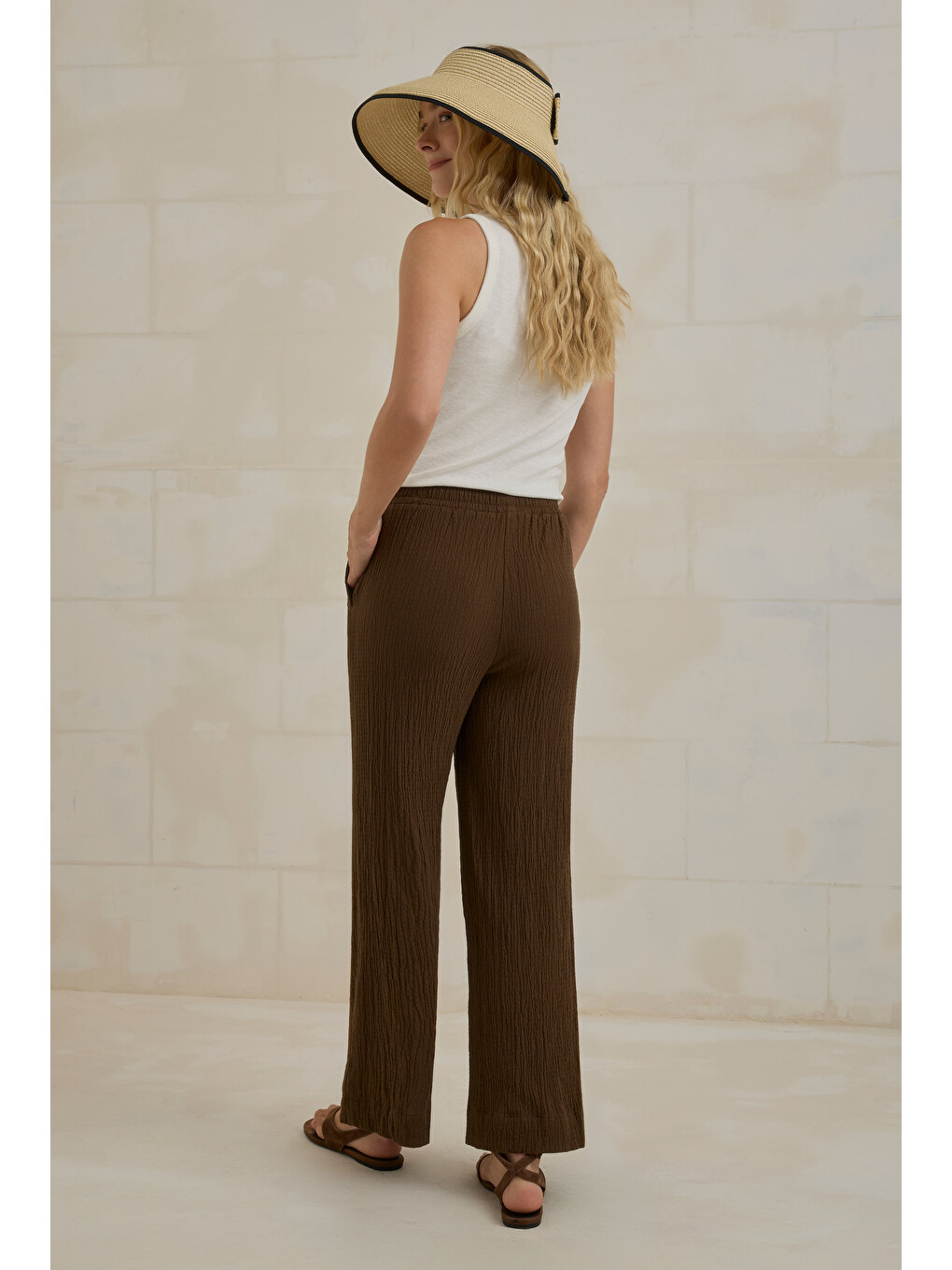 Kahverengi Müslin Bol Paça Pantolon Acı Kahve-3
