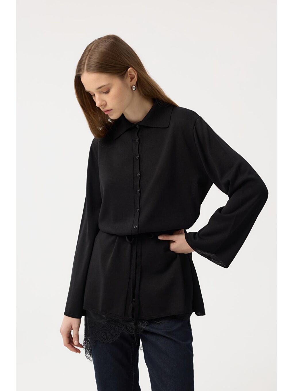 Düğmeli İnce Triko Hırka Siyah-4