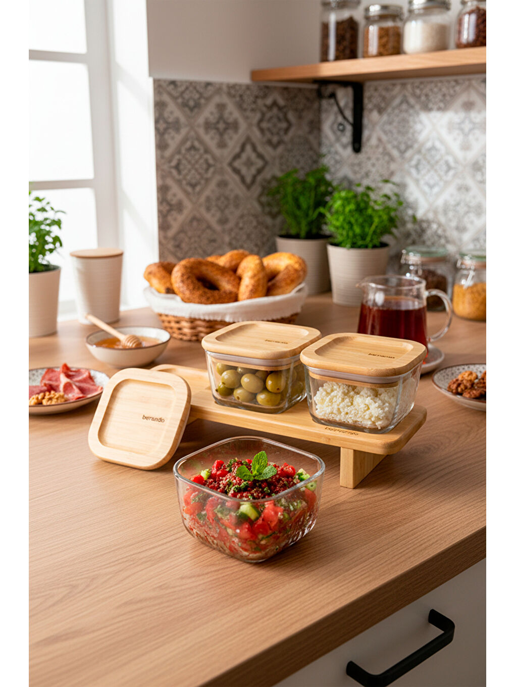 Kahverengi Lunaya 3'lü Bambu Standlı Kahvaltılık Orta-2