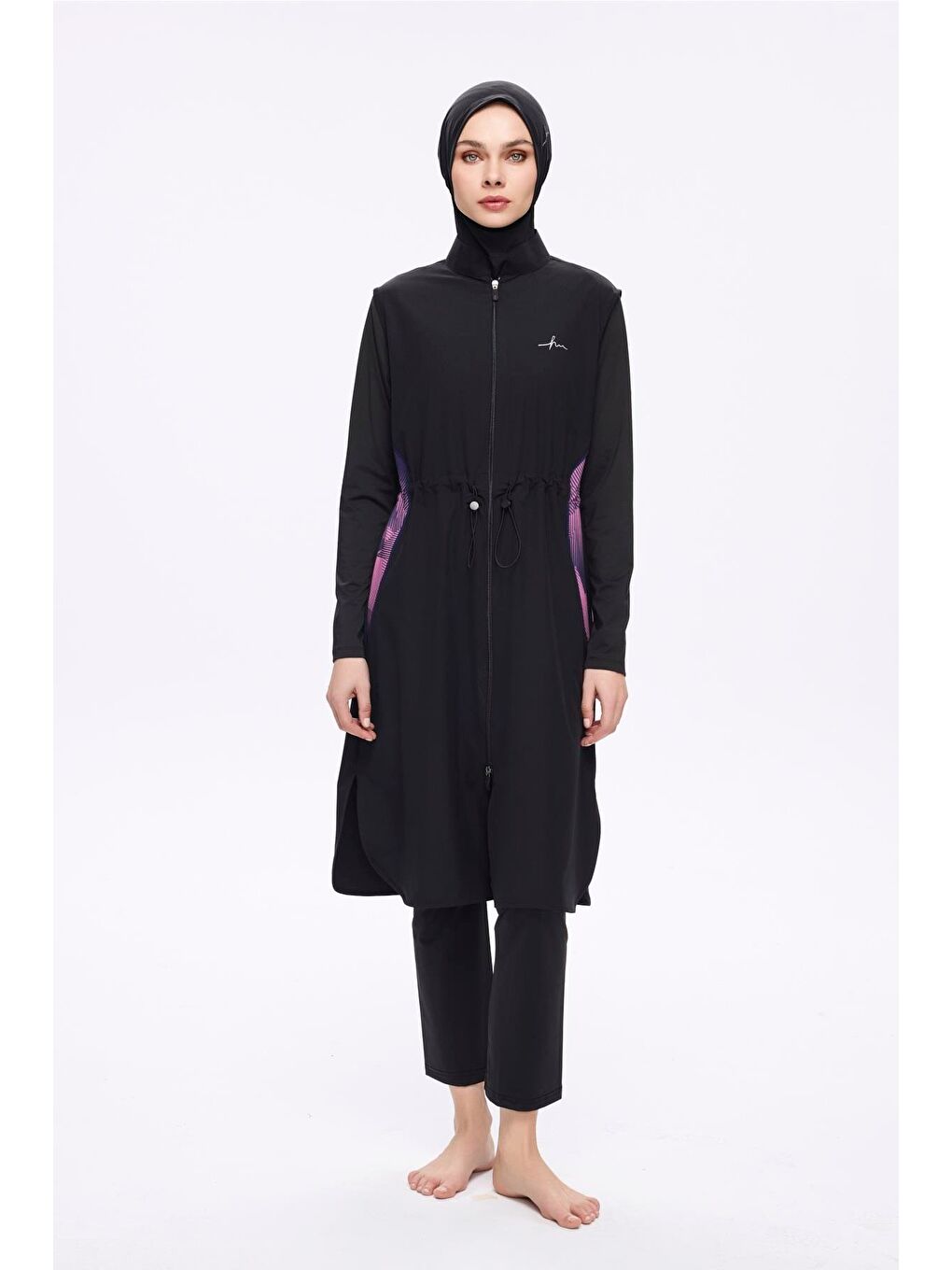 Kol Altı Ve Sırtı Desenli Siyah 5 Parça Tam Tesettür Mayo Takımı 5022