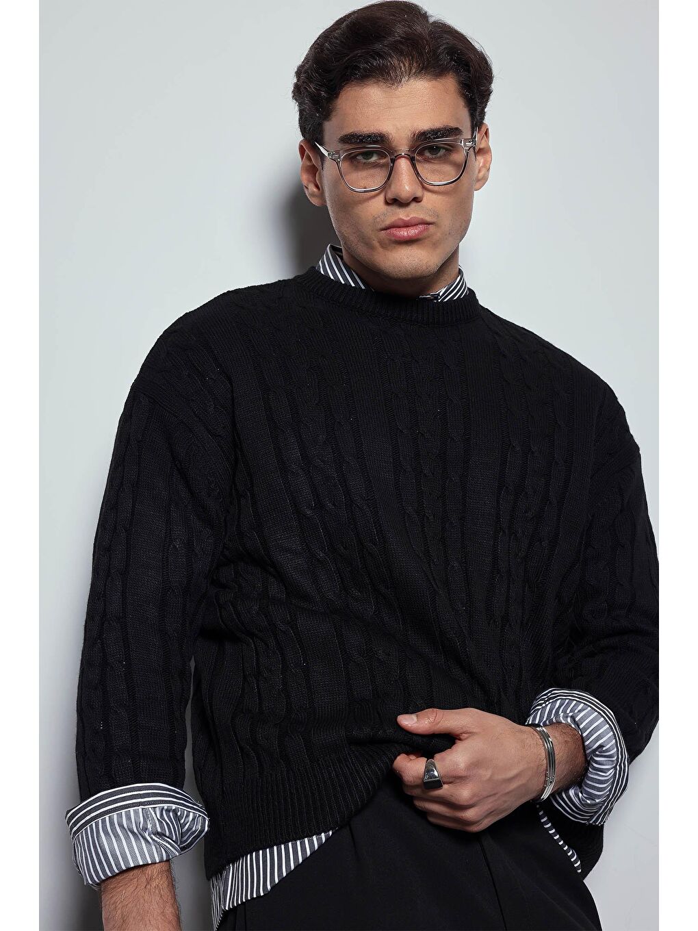 Erkek Oversize Örgü Desenli Triko %100 Pamuk Kazak Siyah