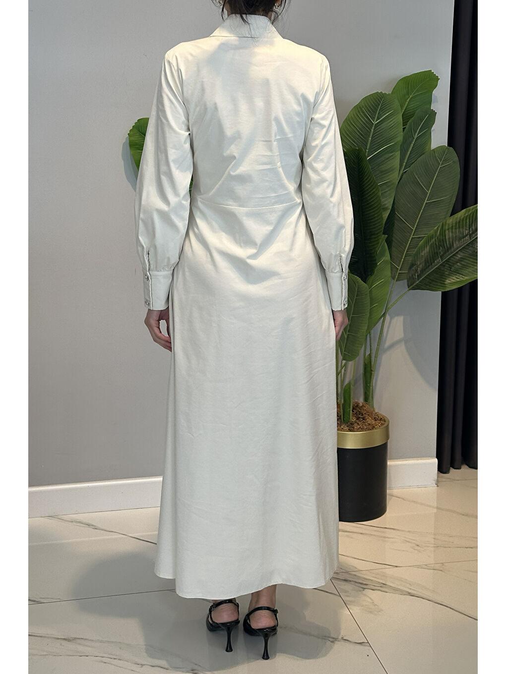 Bağlama Detay Poplin Elbise 13254 Bej-4