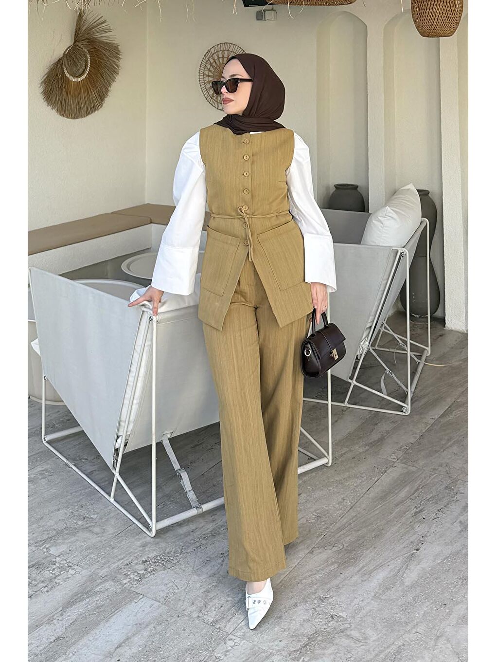 Keten Çift Cepli Yelek Takım Hardal Sarısı