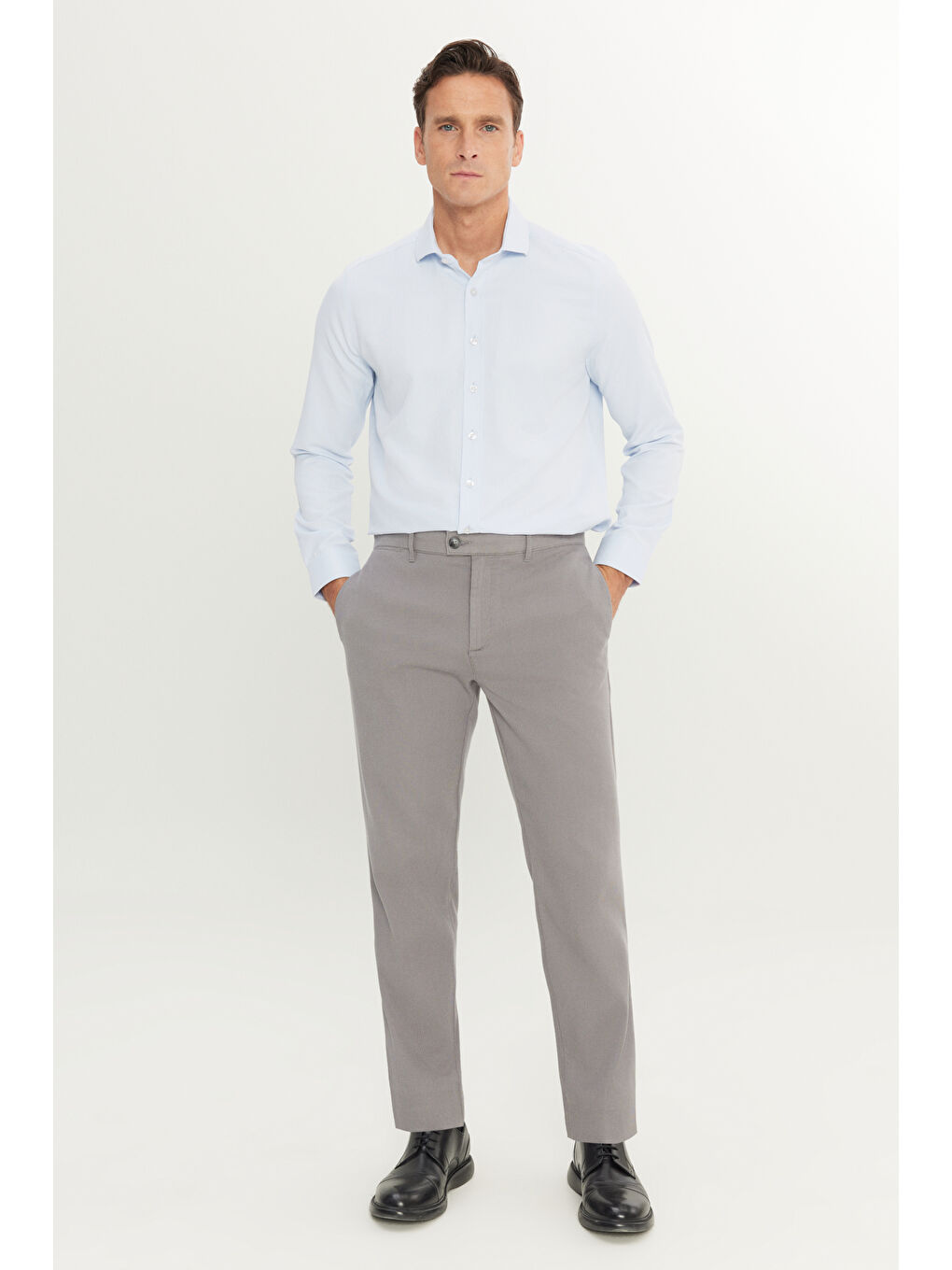 Erkek Gri Pamuklu Comfort Fit Yan Cepli Armürlü Casual Esnek Pantolon-1