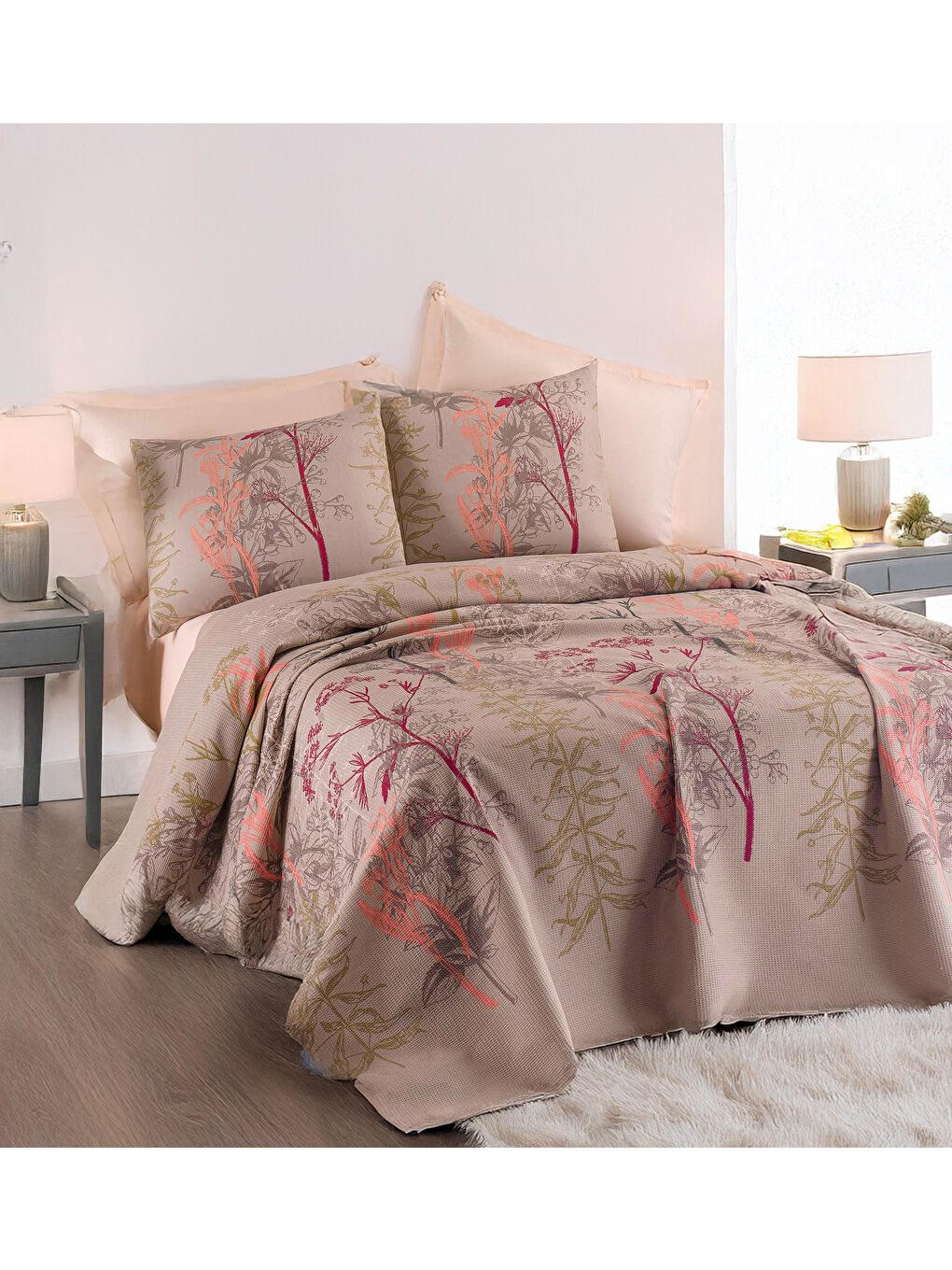 Baskılı Pike Takımı Çift Kişilik Urla Bej