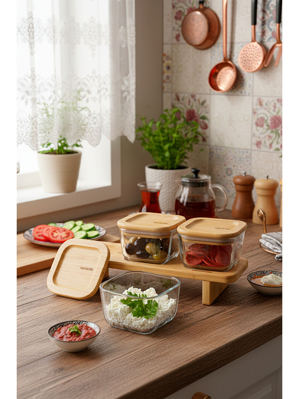 Kahverengi Lunaya 3'lü Bambu Standlı Kahvaltılık Orta-3