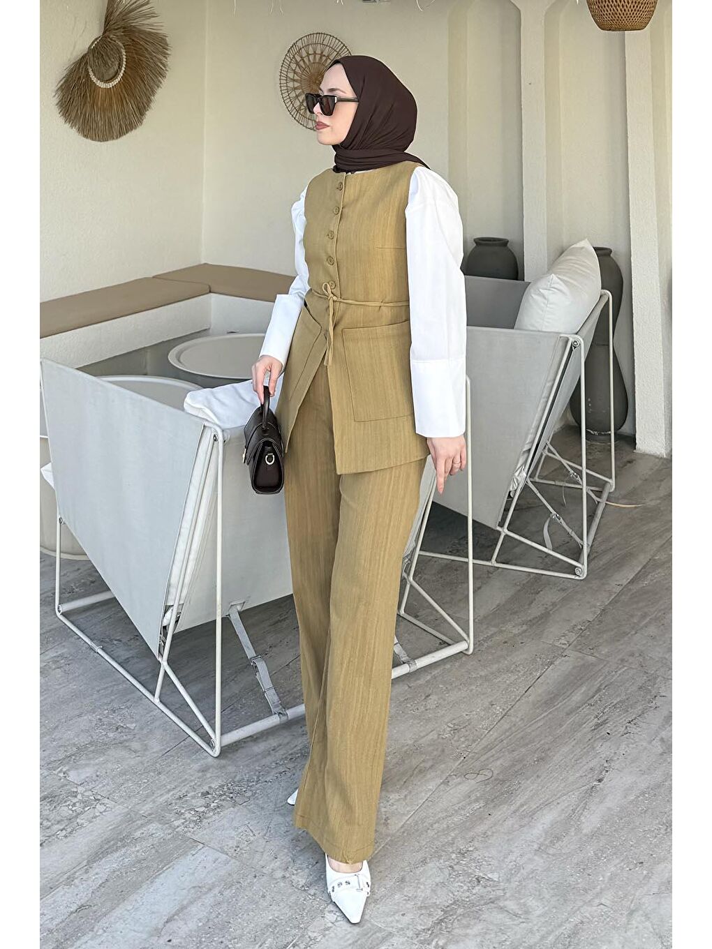 Keten Çift Cepli Yelek Takım Hardal Sarısı-1