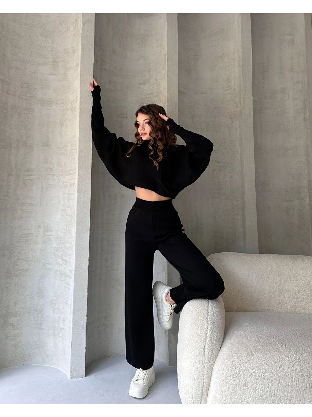 Siyah Balıkçı Crop Kazak ve Pantolon Triko Takım-1