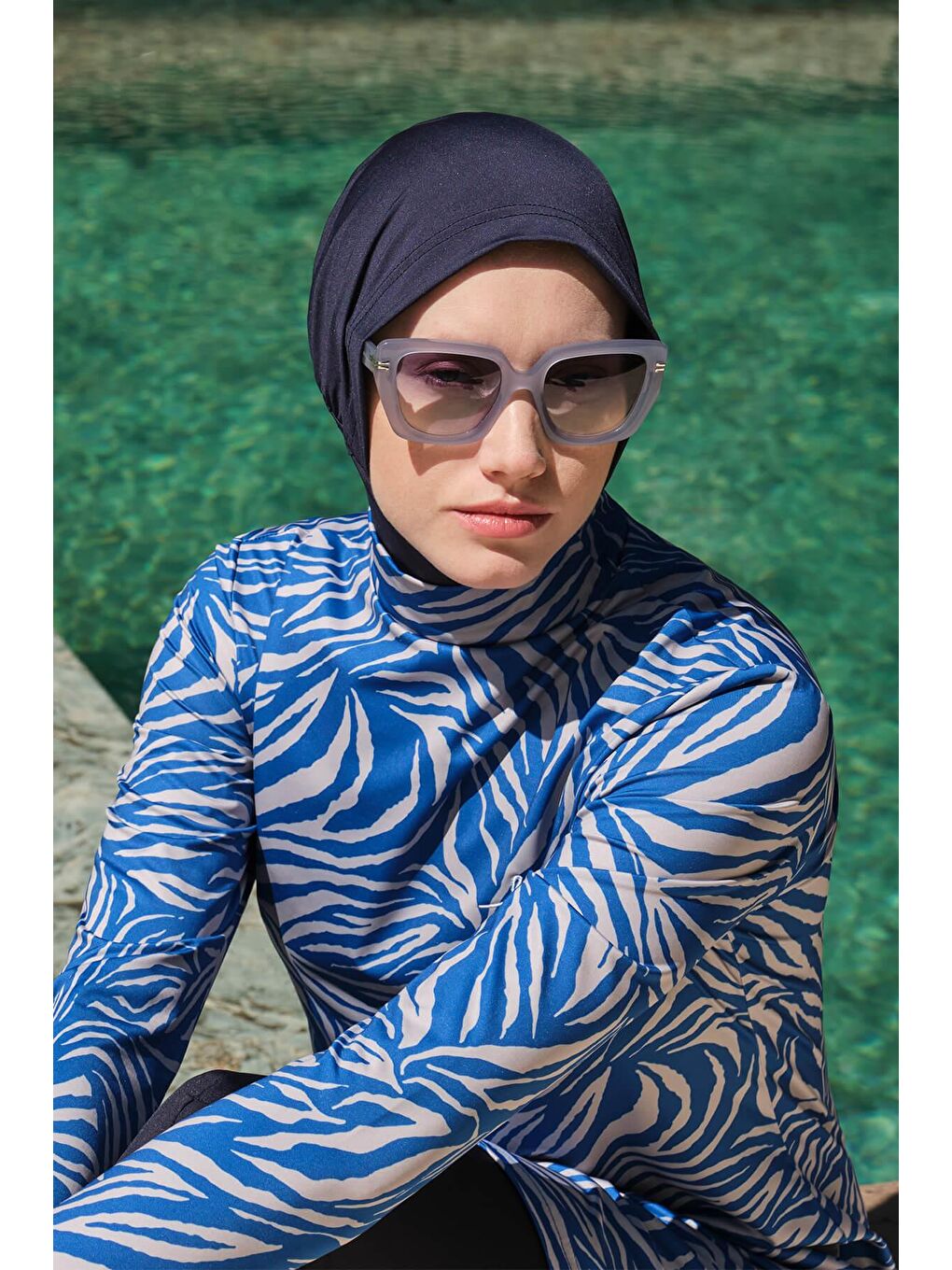Çizgi Desenli Elastanlı Mavi Tam Tesettür Mayo Üstü 3060
