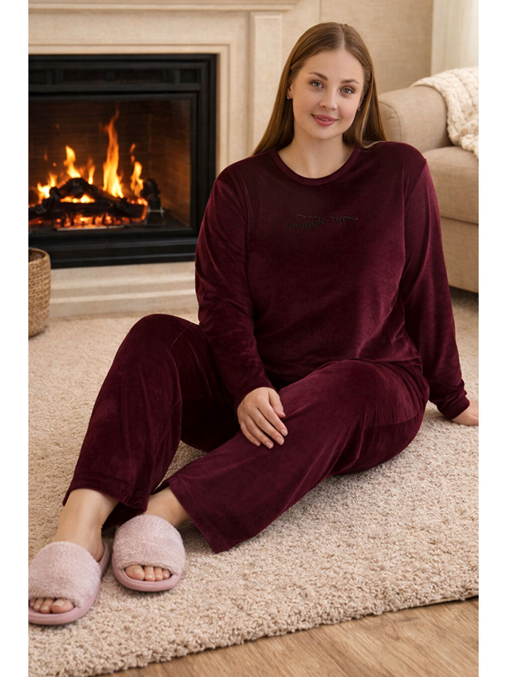 Büyük Beden Kadın Kadife Kumaş Pijama Takımı 13212 Mürdüm-3