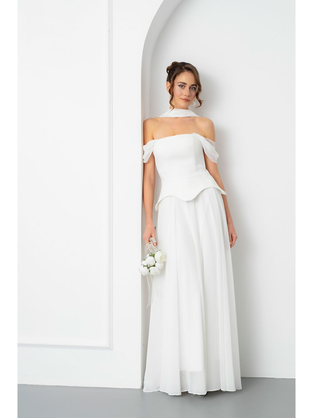 Kadın Beyaz Şal Yaka Straplez Söz Nişan Abiye Elbise-2