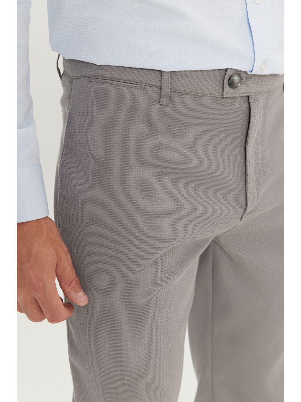 Erkek Gri Pamuklu Comfort Fit Yan Cepli Armürlü Casual Esnek Pantolon-3