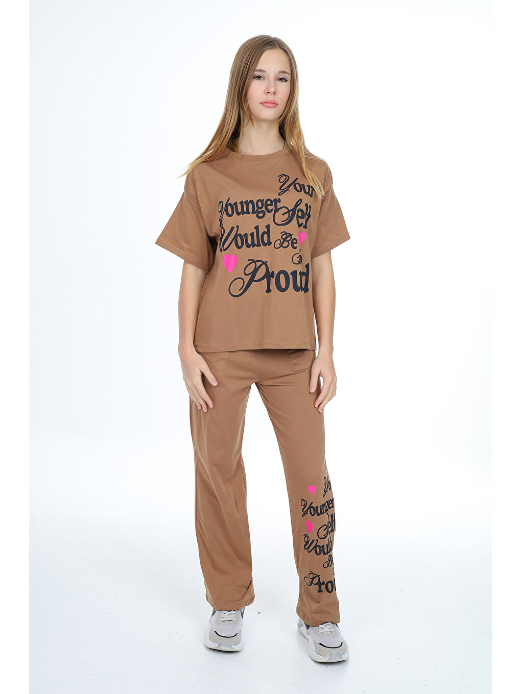 Kahverengi Kız Çocuk Yazı Baskılı Alt-Üst Takım 12150-2