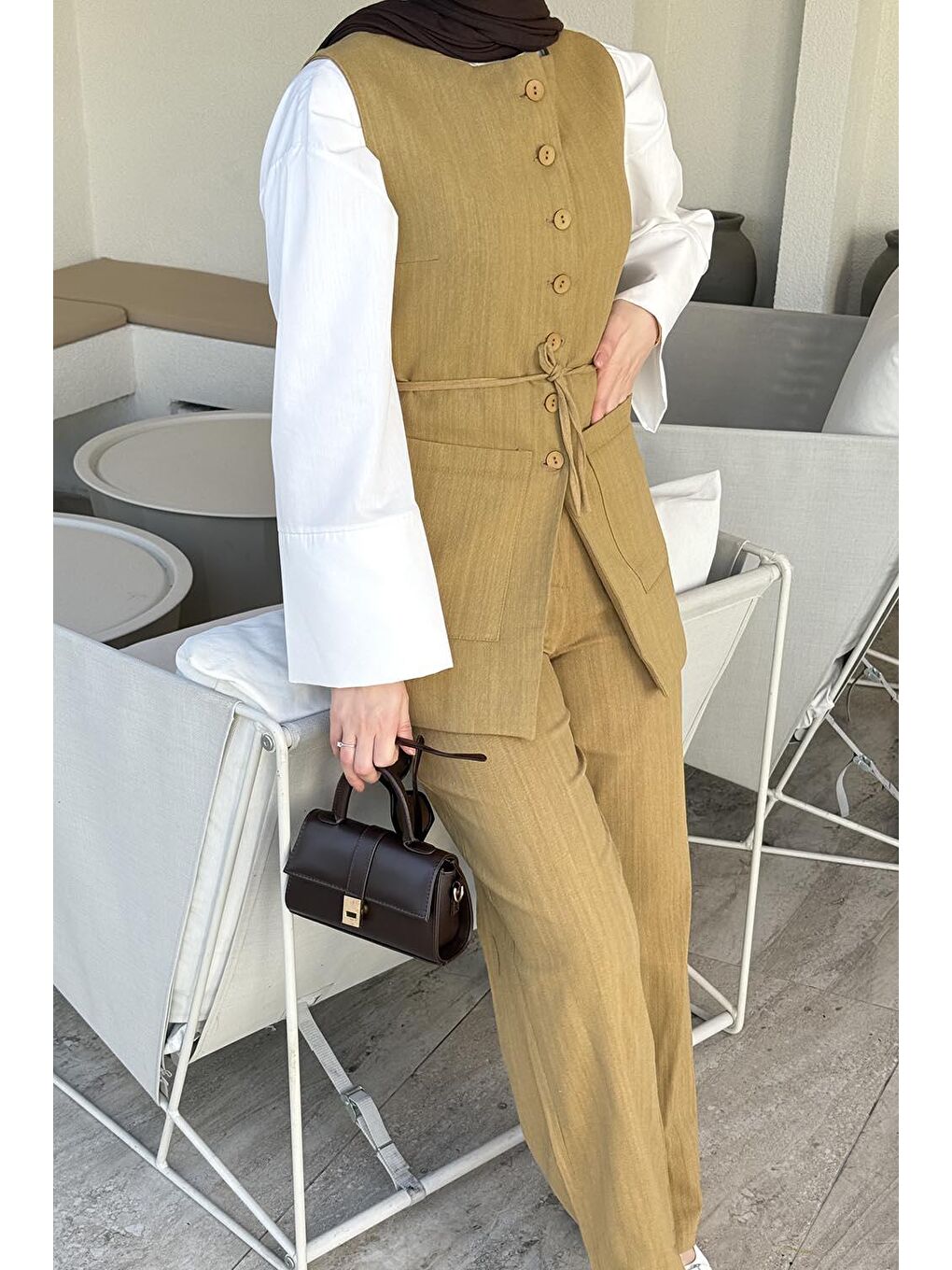 Keten Çift Cepli Yelek Takım Hardal Sarısı-2