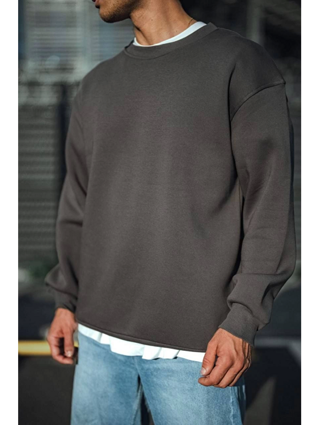 Kışlık Bisiklet Yaka Üç İplik Basic Sweatshirt - Antrasit-1