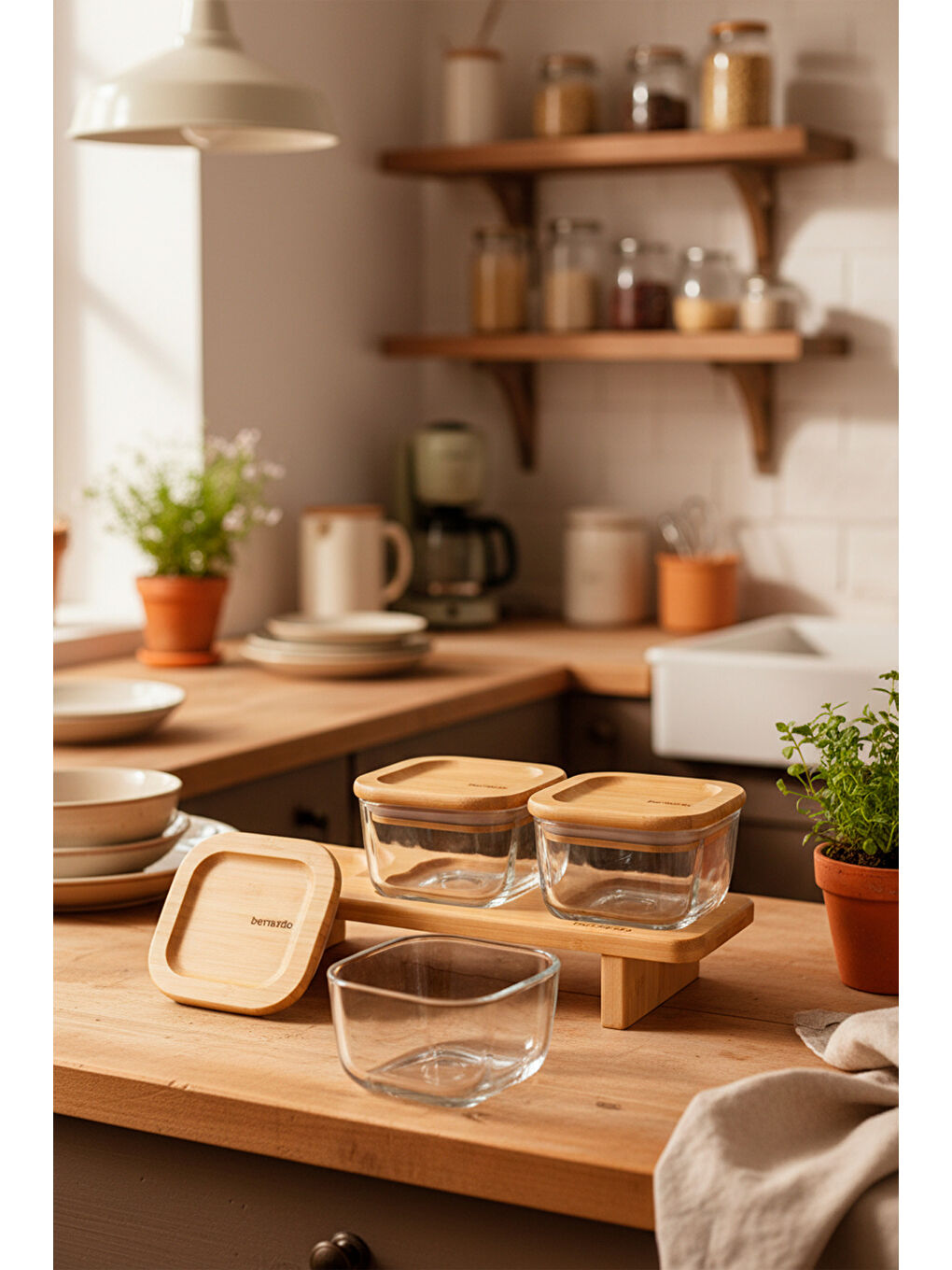 Kahverengi Lunaya 3'lü Bambu Standlı Kahvaltılık Orta-4