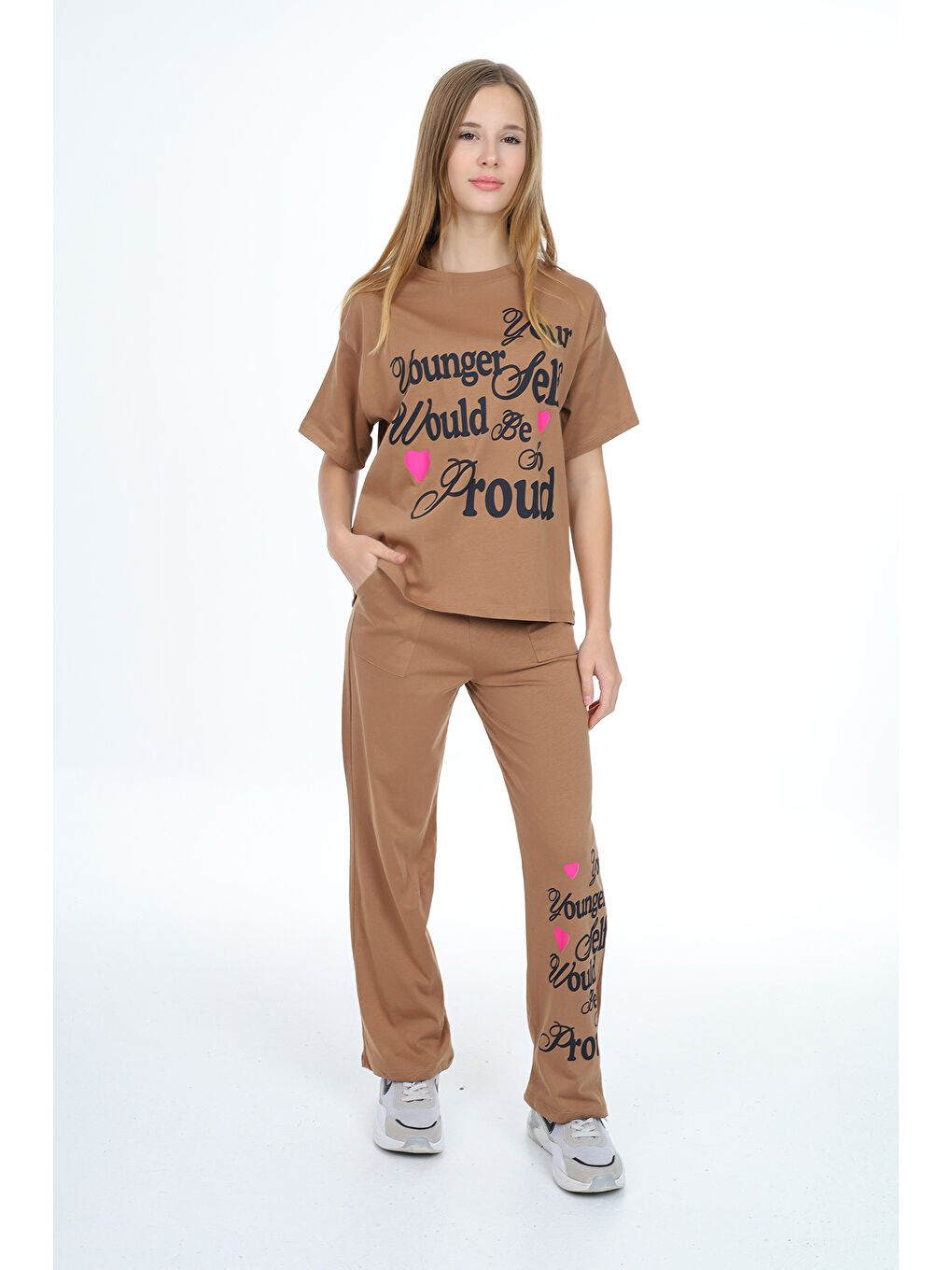Kahverengi Kız Çocuk Yazı Baskılı Alt-Üst Takım 12150-3