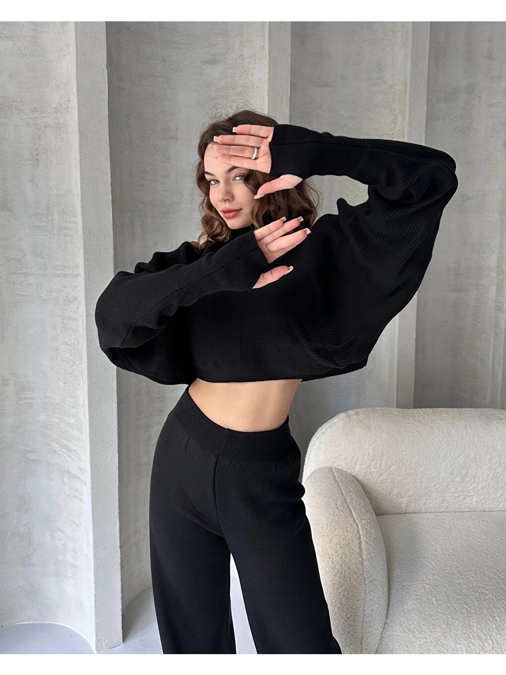 Siyah Balıkçı Crop Kazak ve Pantolon Triko Takım-2