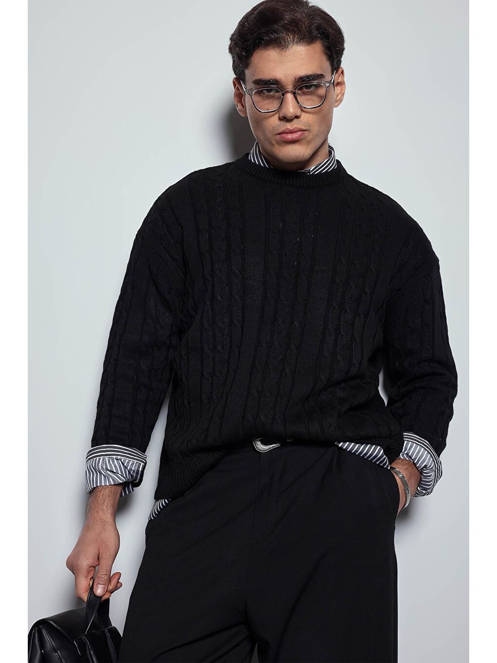 Erkek Oversize Örgü Desenli Triko %100 Pamuk Kazak Siyah-1