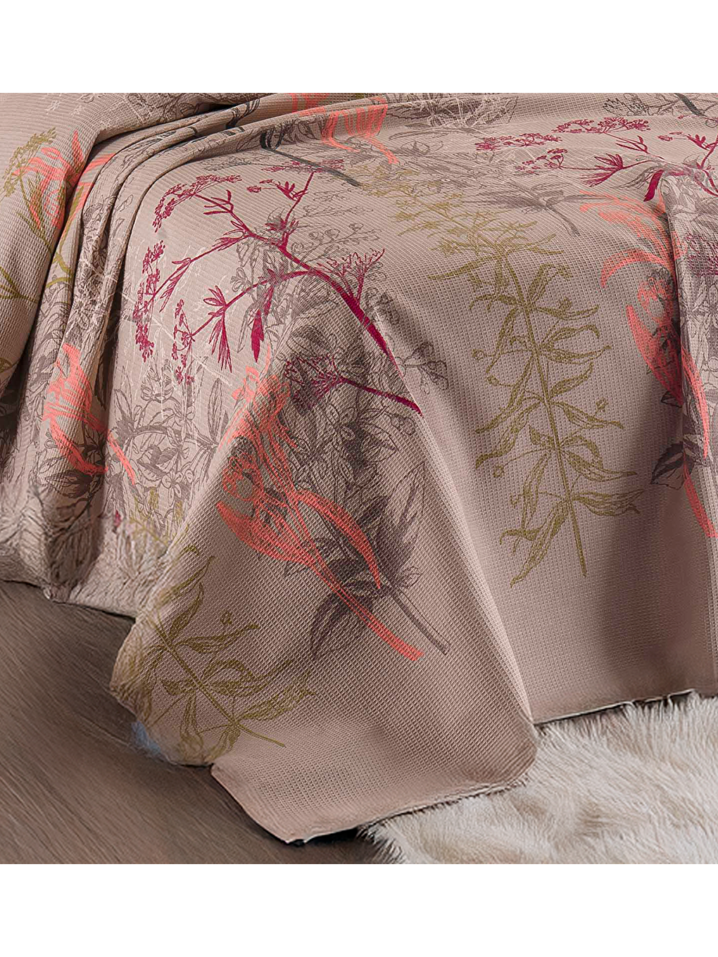 Baskılı Pike Takımı Çift Kişilik Urla Bej-1