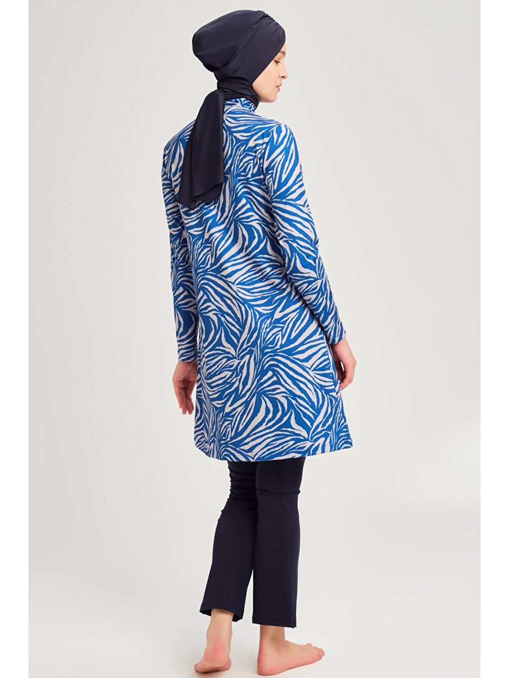 Çizgi Desenli Elastanlı Mavi Tam Tesettür Mayo Üstü 3060-3