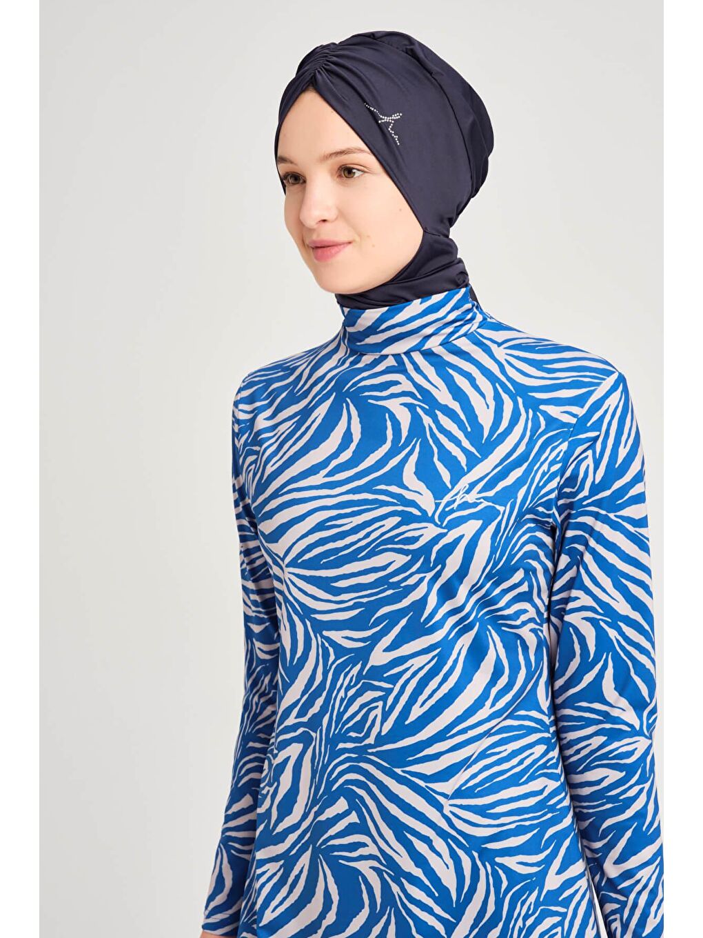 Çizgi Desenli Elastanlı Mavi Tam Tesettür Mayo Üstü 3060-4