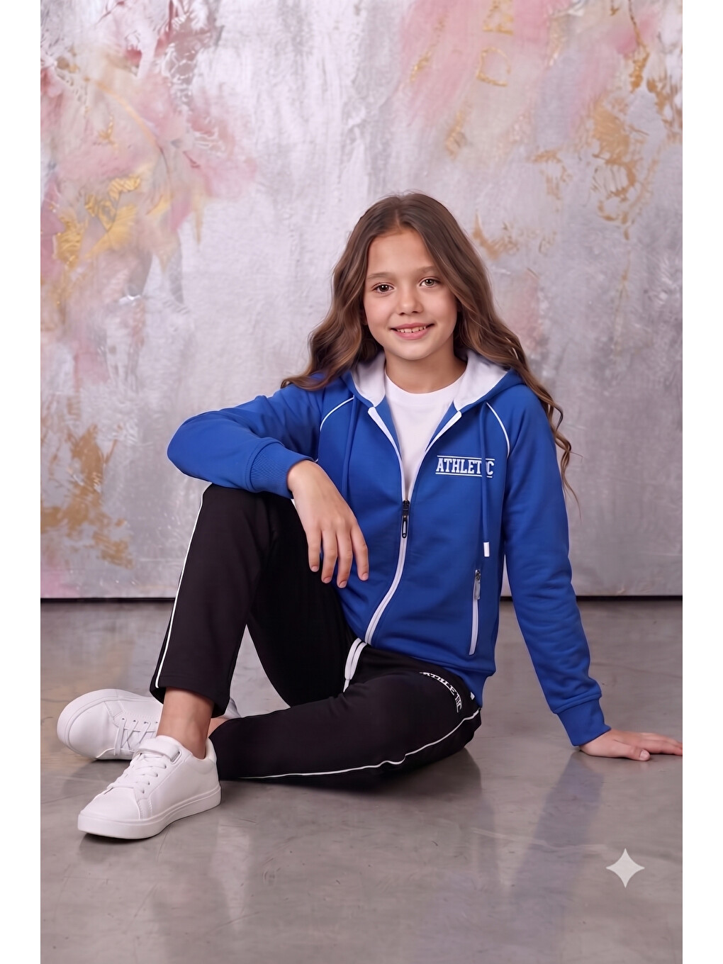 Mavi Kız Çocuk Atheletic Reglan Kol Kapüşonlu Düz Paça Dalgıç Kumaş Eşofman Takımı Esf7018-7