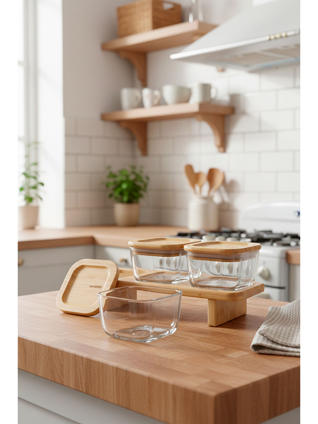 Kahverengi Lunaya 3'lü Bambu Standlı Kahvaltılık Orta-5