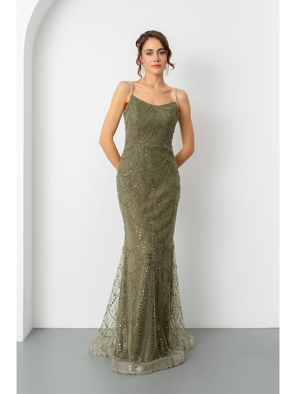 Kadın Haki Askılı Boncuklu Uzun Balık Abiye Elbise-1