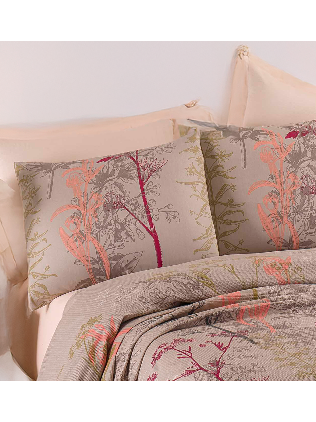 Baskılı Pike Takımı Çift Kişilik Urla Bej-2