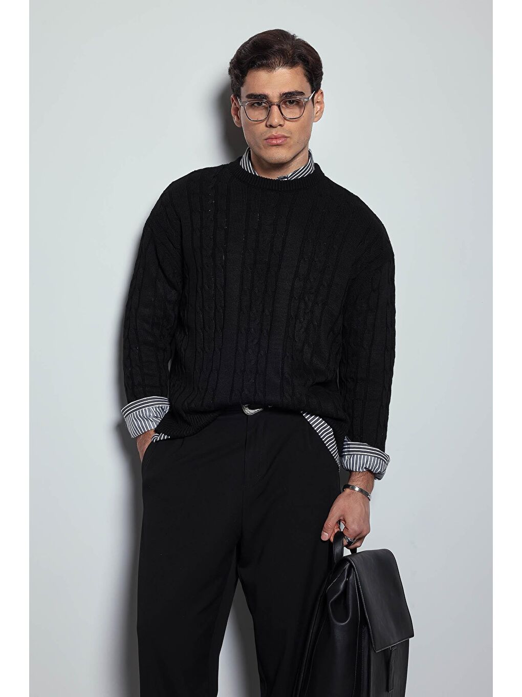 Erkek Oversize Örgü Desenli Triko %100 Pamuk Kazak Siyah-2