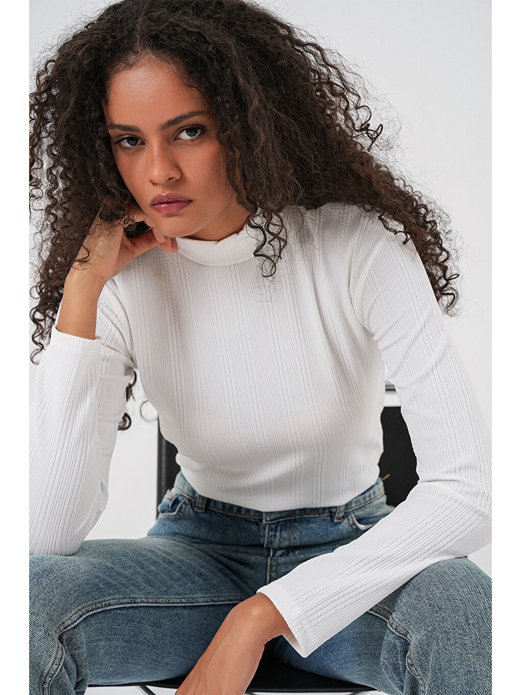 Kadın Uzun Kollu Fitilli Body 976 - Beyaz-1