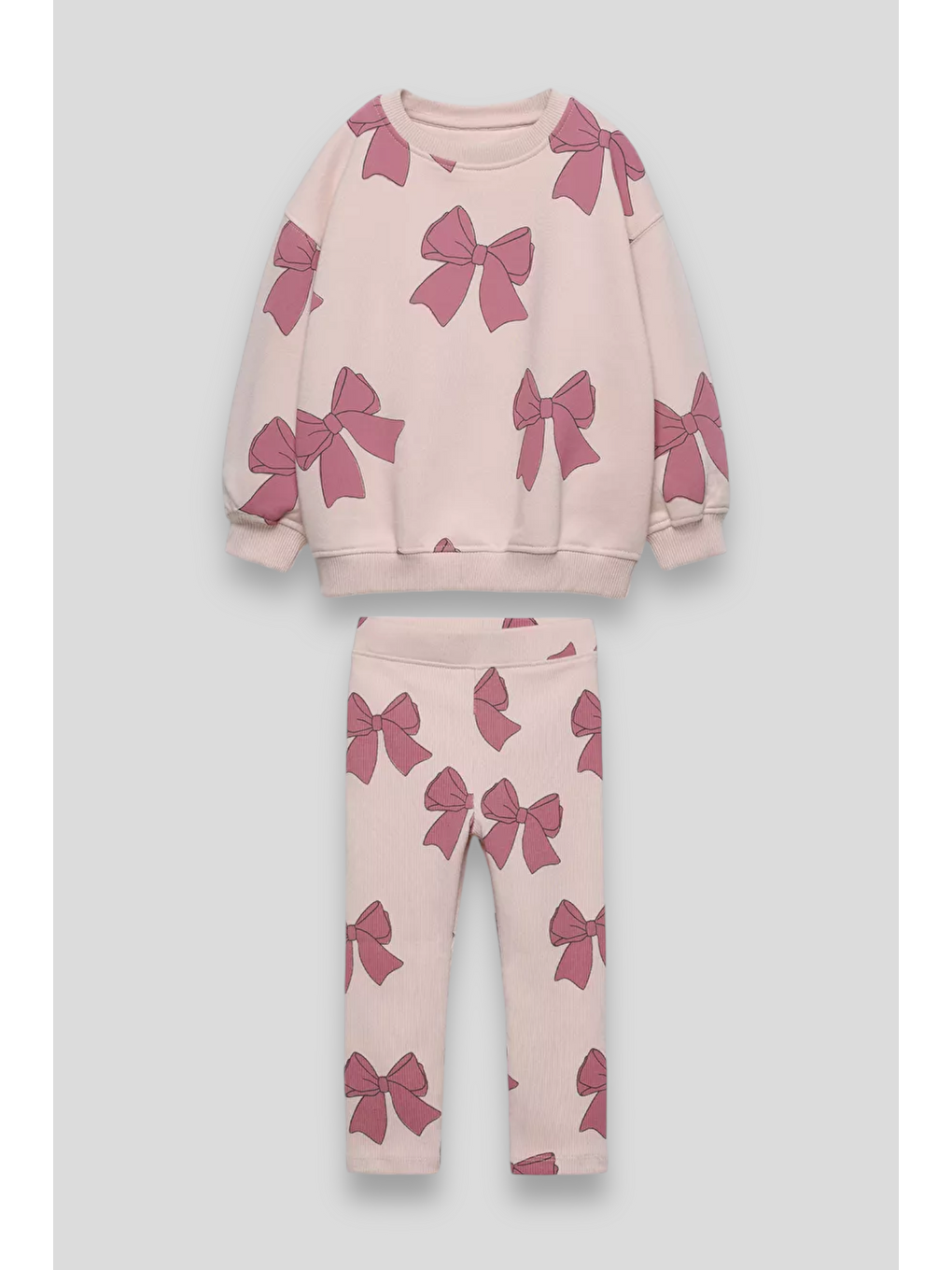 Beyaz Kız Çocuk Kurdela Desenli Kışlık 3 İplik Pamuklu Sweatshirt Tayt Alt-Üst Takım